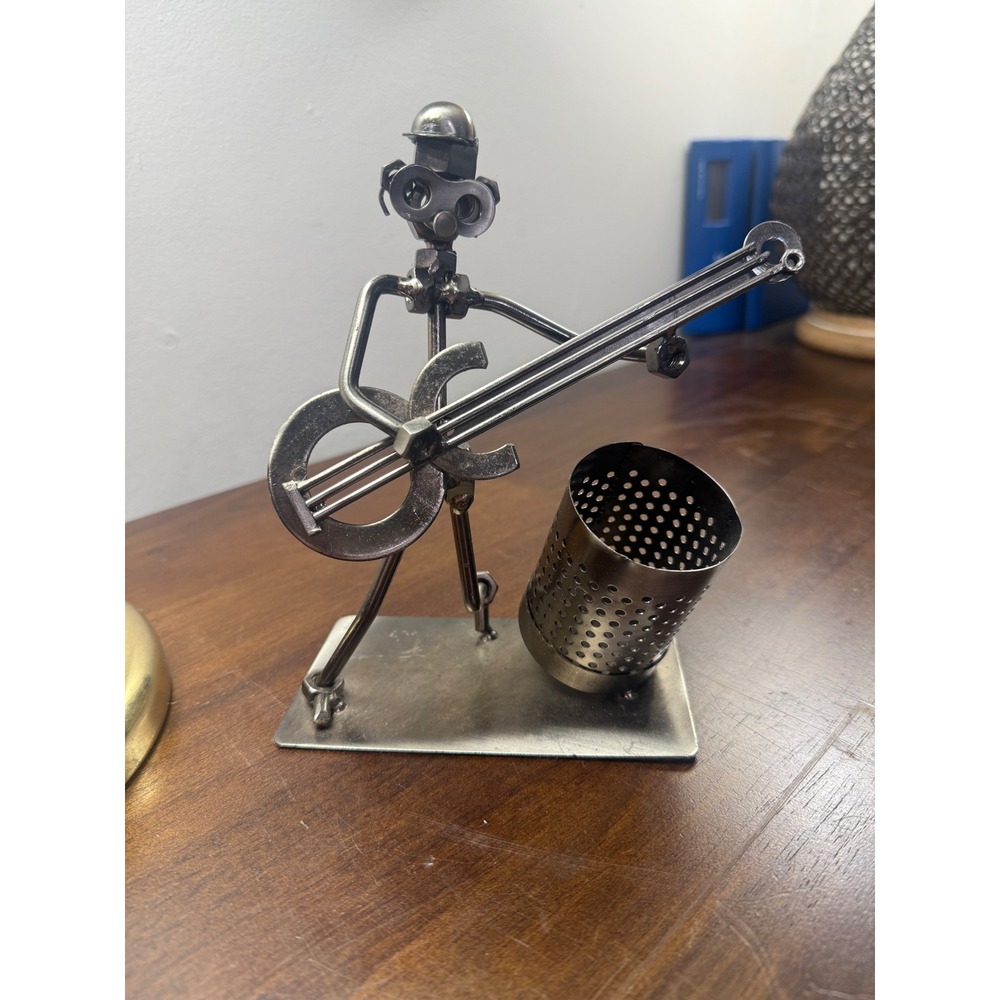 Handmade Scrap Metal Musician Figurine Guitarist Pen Holder Industrial Desk Art